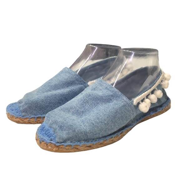 DOPPIO Italy Womens Flats 8 Blue Crochet Denim Cream Pom Pom Espadrilles Slip On - Picture 1 of 10
